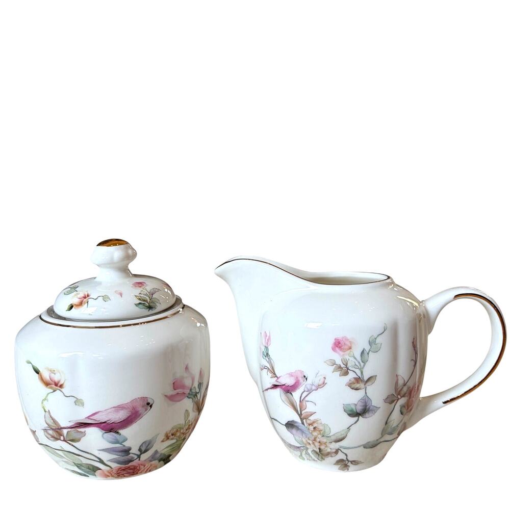 Grace Teaware Fine Porcelain Floral Bird Creamer & Sugar Set New